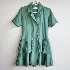 Pastel Green Pleated Button Down Collared Classy Mini Dress